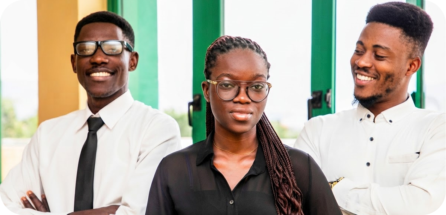 Three Nigerian Law School students in black and white attire