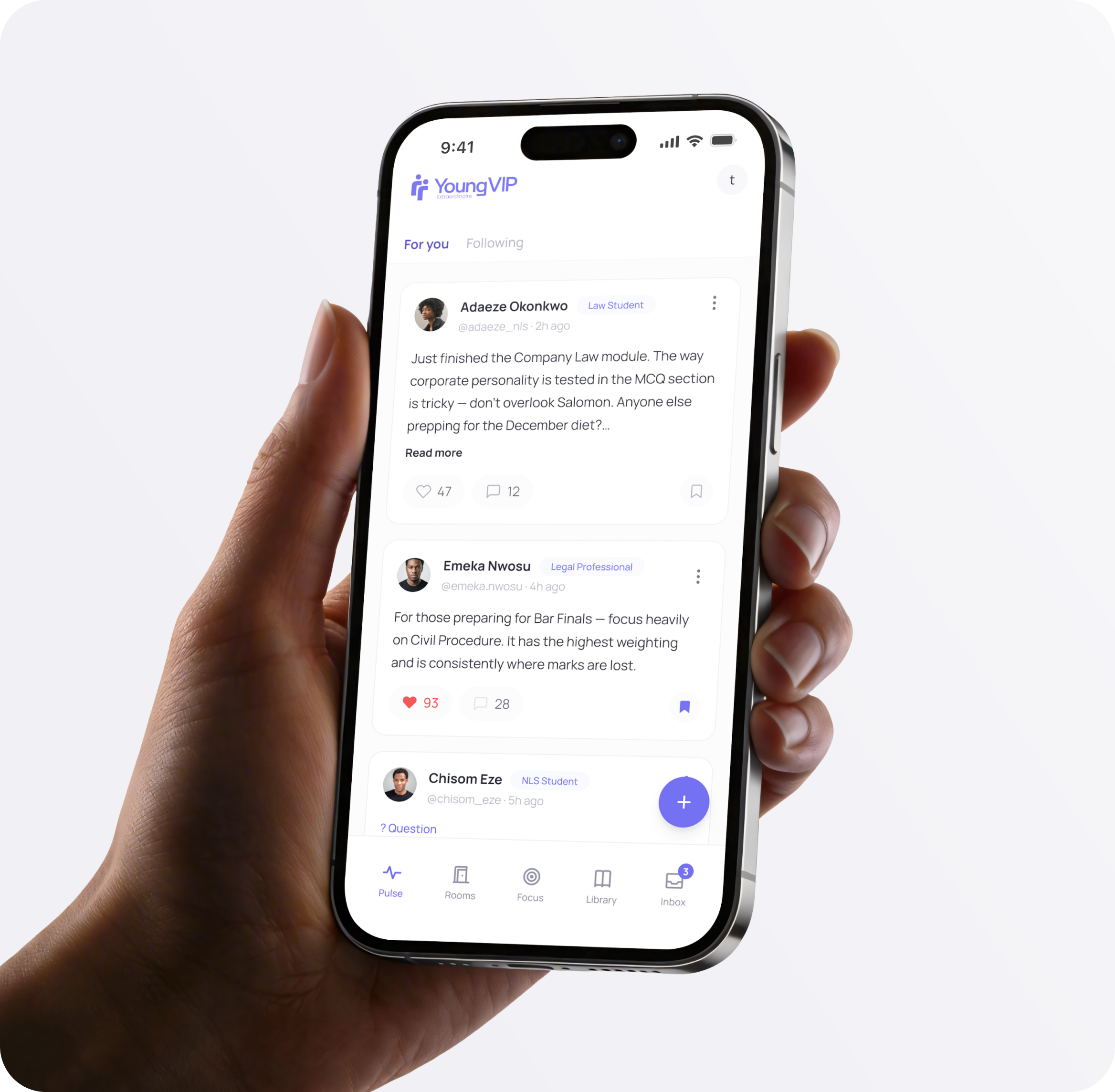 A hand holding a phone showing the YoungVIP app feed